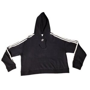 Adidas Originals Womens Black 3-Stripes Cropped Pullover Hoodie Size L
